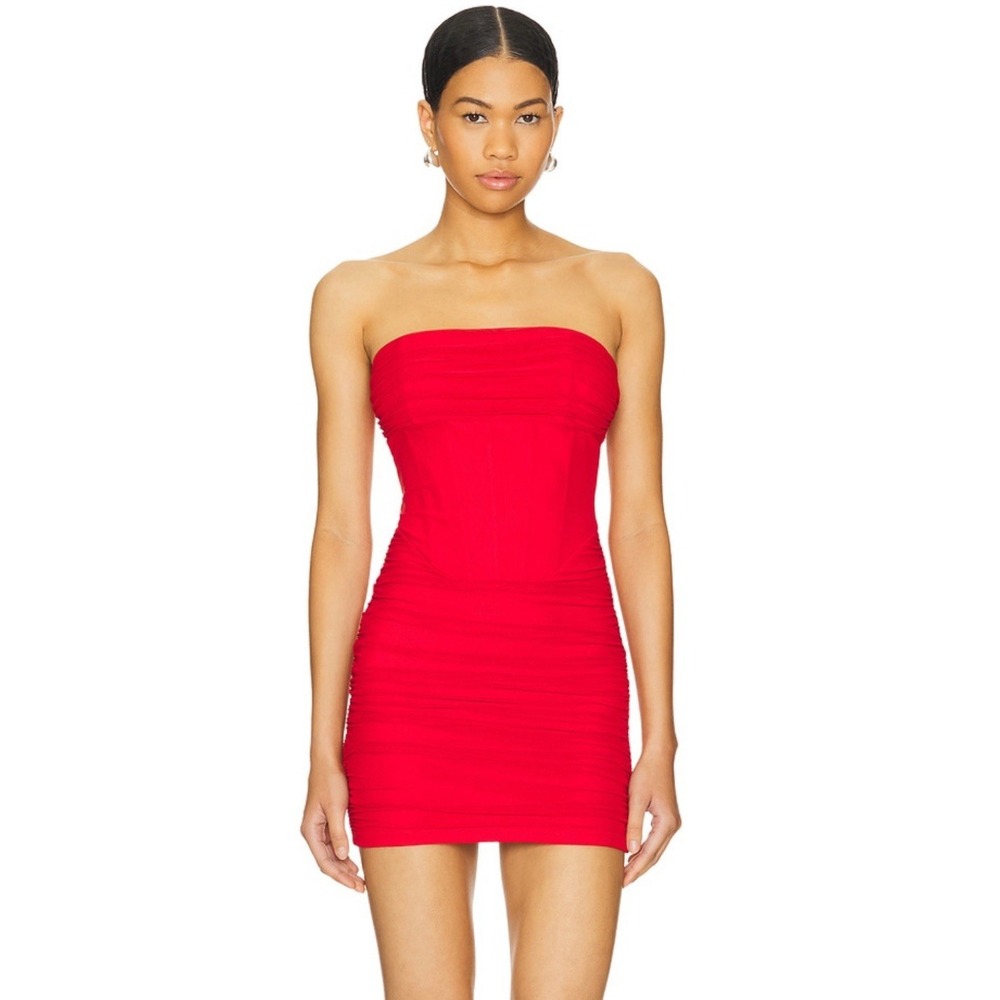 Superdown Revolve Bea Mini Dress Small Bodycon Ruched Mesh Bustier Red Strapless